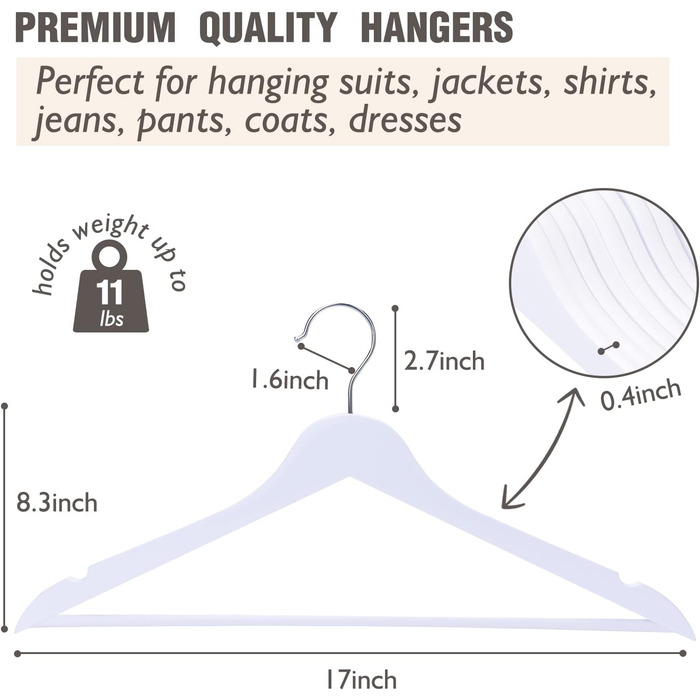 Edergoo Clothes Hangers Wood 20 Pack, Smooth Surface White with 360 Degree Rotation and Shoulder Notches, Strong & Thin Wood Clothes Hangers Suit for Adults, 43.5cm Long