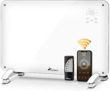 Електричний скляний конвектор TRESKO 2000 Вт з Wi-Fi, сенсорним та LCD-дисплеєм, дистанційним керуванням, настінний або підлоговий, білий