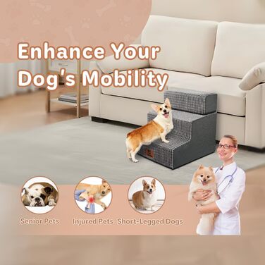 Sytopia Dog Stairs 40 cm high, 3 steps, Dog stairs for bed, sofa for small dogs, pet stairs washable, foam stairs, for injured older dogs (34cm height, Grey) (3 steps dog stairs (H:34CM), Foam (High-Density Memory) and Maize Velvet)