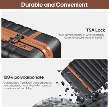 Набір валіз UKEIN 3 шт. з жорстким корпусом, для подорожей, з TSA замком та спіннер колесами. Включає рюкзак та косметичку. (Чорний/Коричневий)