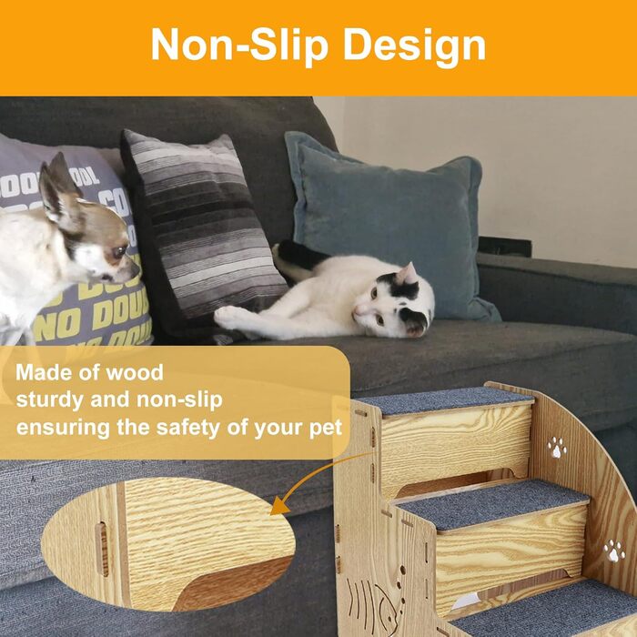 Сходинка для котів та собак з натурального дерева, 3 сходинки, 35 см, стабільна та неслизька