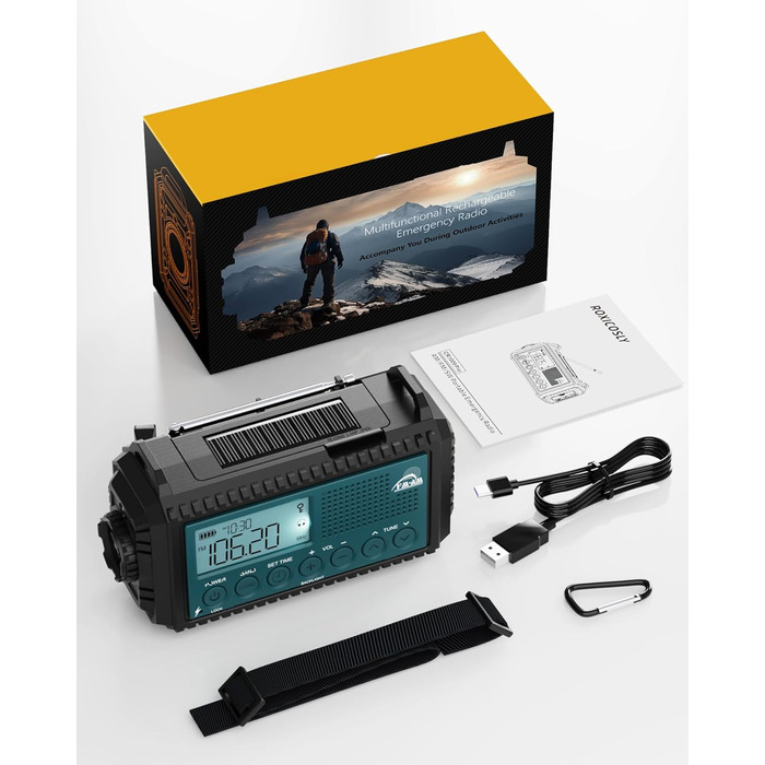 Радіо Roxicosly з ручним заводом та сонячною панеллю, 12000mAh Power Bank, AM/FM радіо для будівельних майданчиків, з ручним заводом та 5-ма способами живлення, приймач на весь світ, ліхтарик та зарядний пристрій, для відпочинку на природі, кемпінгу, надз