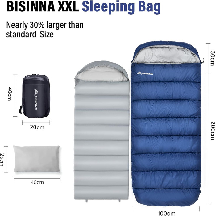 BISINNA XXL Sleeping Bag for Adults - 3-4 Season Warm Camping Sleeping Bag - Wide Plus Size Outdoor Sleeping Bag (Blue, 1.5kg Right Zipper)