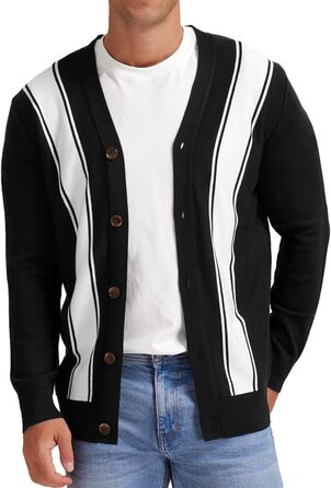 Чоловічий в'язаний кардиган вінтажний з ґудзиками, V-подібний виріз, легкий для осені/зими (смугастий чорно-білий, M)