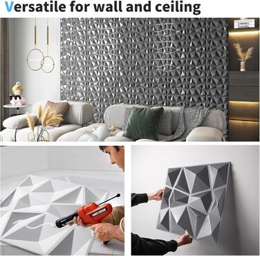 3D Панелі для стін Art3d (33 шт.) - діамантова фактура, сріблясті, 30x30 см. Високоміцний PVC, водостійкий, термостійкий