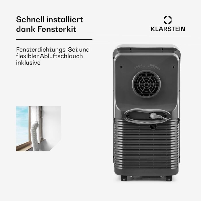 Мобільний кондиціонер Klarstein з випускним шлангом, 4-в-1: кондиціонер, вентилятор, осушувач повітря та нічний режим. Компактний та портативний кондиціонер для дому та офісу, низьке енергоспоживання, 7000 BTU, білий (12000 BTU, білий)