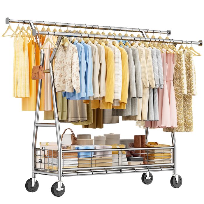 Підвісна шафа для одягу на коліщатках з подвійною перекладиною та сітчастим кошиком, 200 кг, великий об'єм для зберігання одягу та аксесуарів