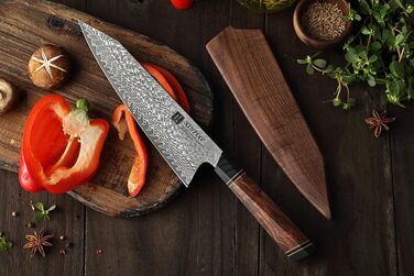 Японський ніж для кухні XINZUO Damaststahl 21.5 см, Kiritsuke, професійний, ручної роботи, з нержавіючої сталі Дамаск, дерев'яний потиск, магнітний чохол, подарункова коробка з акації