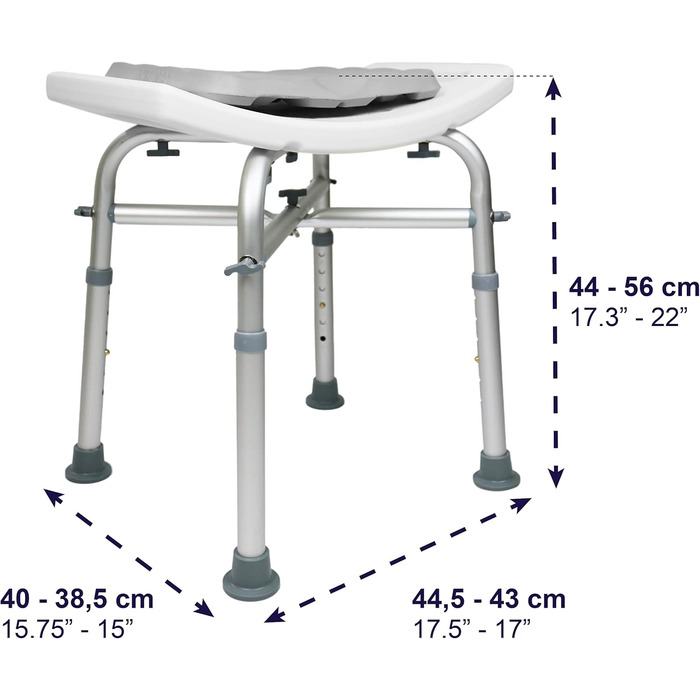 KMINA Shower Stool for Seniors - 150 kg Capacity, Double-Reinforced Crossbar, Cushion, Height Adjustable, Tool-Free Assembly - Made in Europe (White)