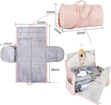 Seyfocnia Convertible Garment Bag for Women, Leather Garment Bags for Travel with Shoe Bag, 2-in-1 Hanging Travel Bags (Pink)