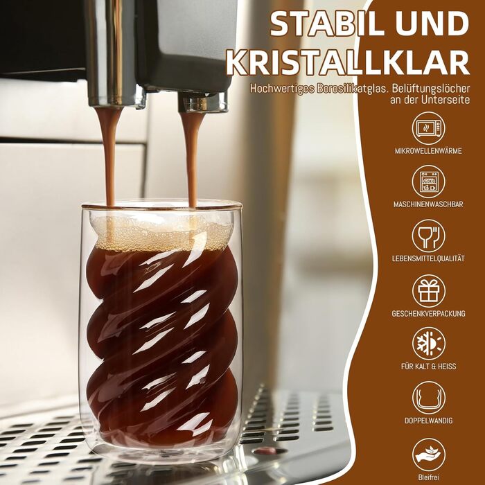 SILRIVES Latte Macchiato Glasses Double-Walled 350ml Set of 4 with 4 Spoons, Borosilicate Glass Coffee Glasses, Insulating, Espresso Cups, Cappuccino Glasses, Iced Coffee, Tea Glasses, Thermos Glasses