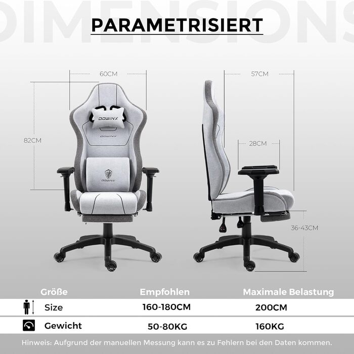 Ігрове крісло Dowinx з тканини XXL, ергономічне, з масажем, 4D підлокітники, підніжка, сіре, для ПК та офісу