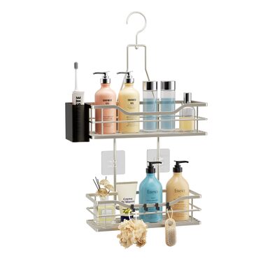 Настінна поличка для душу HapiRm з 4 гачками - регульована, для шампуню та мила, нержавіюча сталь (Sand Nickel)