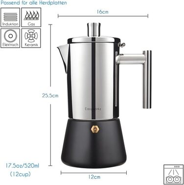 Easyworkz Diego Stovetop Espresso Maker, Stainless Steel, Italian Coffee Machine, Moka Pot for 6 Cups, 300 ml Espresso Pot for Induction (520ml, Black)