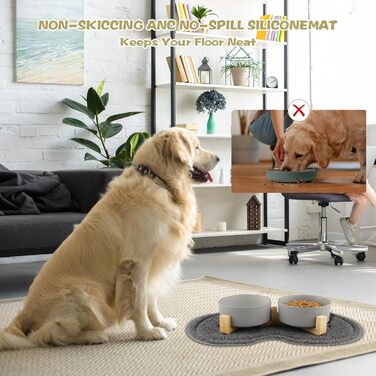 Миска для собак з кераміки, 400 мл, подвійна миска для корму, піднята миска для собак з бамбуковим підставкою та нековзним килимком для маленьких та середніх собак (сіра)