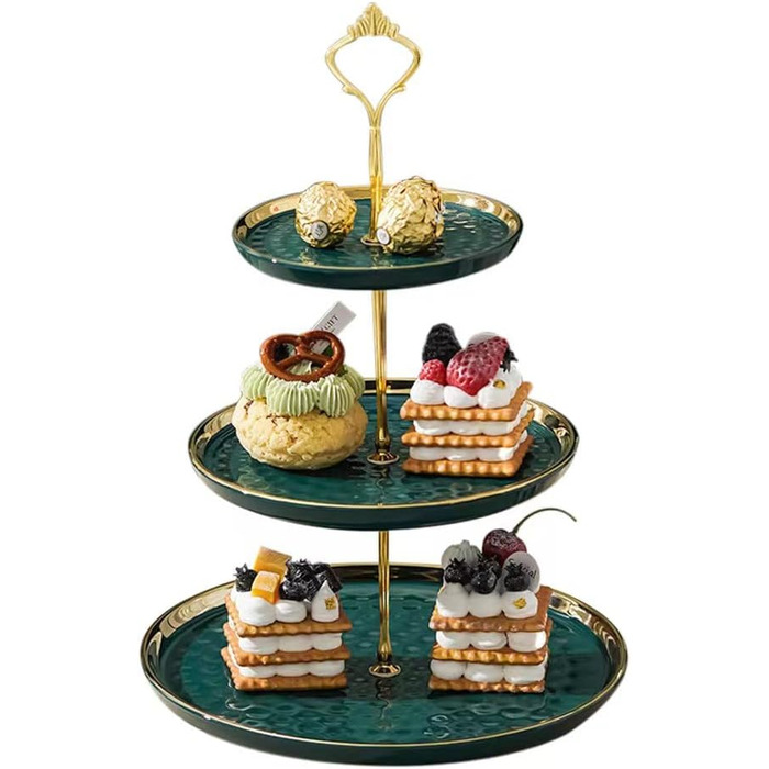 Підставка для капкейків та десертів з кераміки, 3-ярусна, зелена | Підставка для фруктів та тістечок
