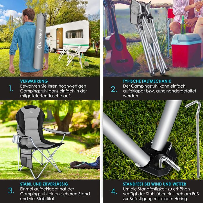 Крісло кемпінгове складне KESSER® до 150 кг, з підлокітниками, високою спинкою, сіре/чорне. З підсклянником та сумкою