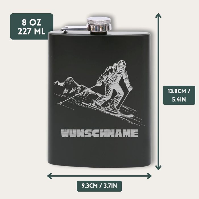 Фляга з нержавіючої сталі Flanacom з гравіюванням, 227мл / 8oz, для скі-гонщиків, персоналізована гравіюванням (дизайн 4, чорний)