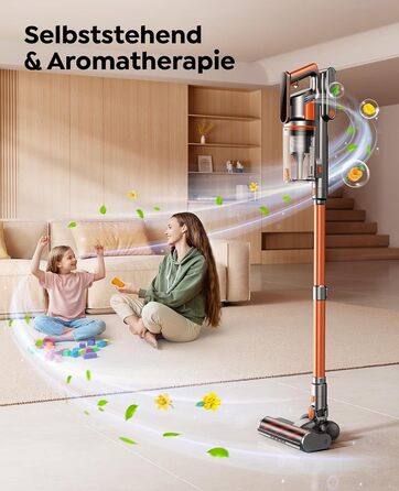 Бездротовий пилосос Fieety з акумулятором, 600W, 50kPa, 65 хв роботи, док-станція на стіні, ароматерапія, автоматичний режим, сенсорний дисплей, висувний шланг 1 м для твердих поверхонь, килимів, шерсті тварин та авто