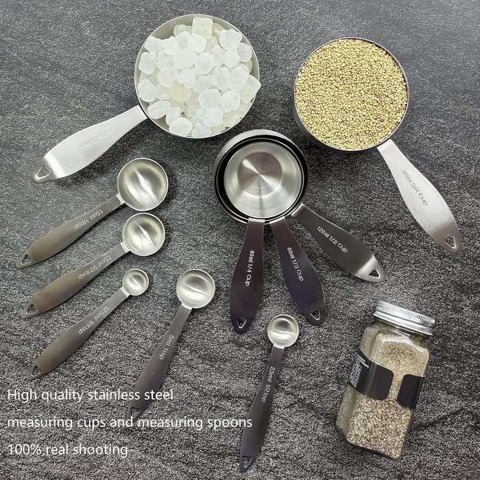 Measuring cup and spoon set, robust, stainless steel measuring cups and spoons, 20 pieces: 5 measuring cups, 6 measuring spoons, 5 mini measuring cups, conversion chart for measuring cups and spoons.