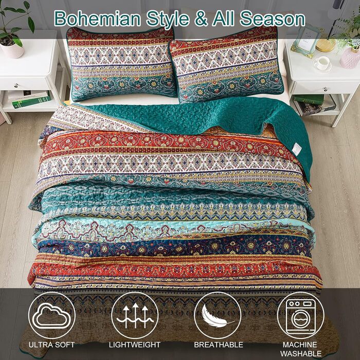 WONGS BEDDING Bedspread 220x240 Bed Cover Bohemian Quilt Steppdecke 3-Piece Double Bed Quilted Bedspread Microfiber Throw Blanket with 2 Pillowcases 50x70 for Bedroom as Sofa Cover (Bohemian) (200x220 cm, Brown Green)