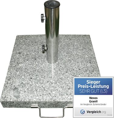Umbrella Stand, Granite Umbrella Stand, Square, 45x45 cm, approx. 25kg, Stainless Steel Tube Handle, Transport Wheels, Grey