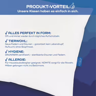 Подушка LINEA by böhmerwald, 40x80 см, 85% пухові пера, 15% новий пух, гіпоалергенна, для алергіків, вироблено в Німеччині, преміум якість, придатна для прання до 60°C