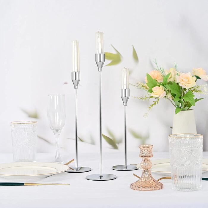 Set of 12 candle holders, French colored candlestick holders, suitable for 3/4 inch thick candles, high candle stand made of metal for wedding, home decoration, Candle-Light-Dinner (Silver, 18 pieces)