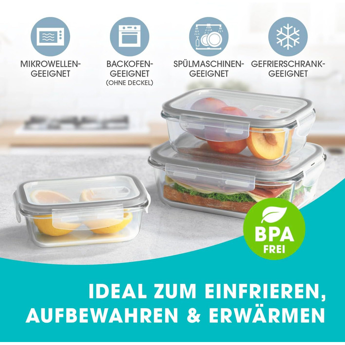 Набір скляних контейнерів GOURMETmaxx Klick-it (6 шт.) для зберігання їжі та Meal Prep | Підходять для мікрохвильовки, морозилки та посудомийної машини | З силіконовою ущільнювальною кільцем, антрацит