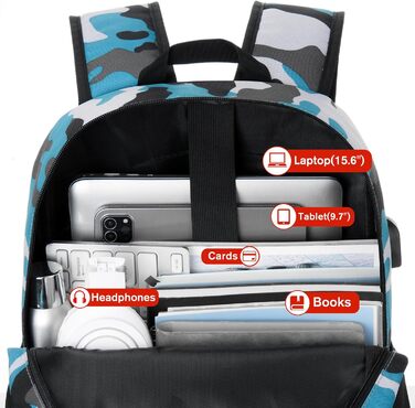 Рюкзак YAMTION 17,3 дюйма для чоловіків та жінок, шкільний, для підлітків, студентів, з USB-портом, камуфляжний синій
