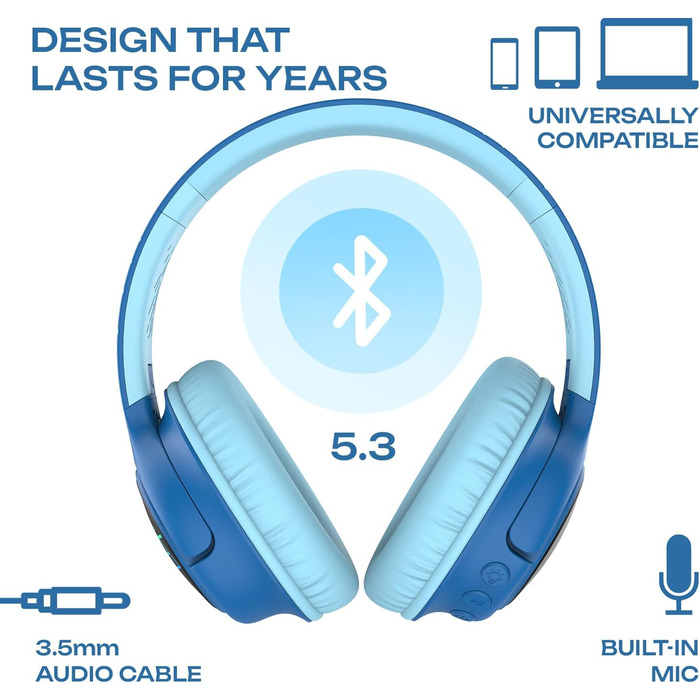 Дитячі навушники PowerLocus Bobo Bluetooth з обмеженням гучності, LED-підсвічуванням, складні, з мікрофоном для телефону/планшета/подорожей (блакитний/чорний)