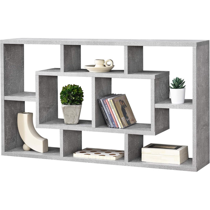 Настінна полиця en.casa Saputit 85x16x48 см, 8 секцій, книжкова полиця, підвісна, для офісу, у стилі ретро, сірий бетон