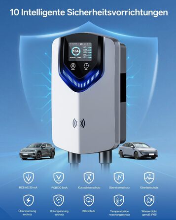 Wallbox 11 кВт з APP та RFID – Зарядний пристрій для електромобілів Typ 2 400V, 6-16A, кабель 8м з тримачем, RCD Typ B, IP54, програмування часу – для BEV/PHEV
