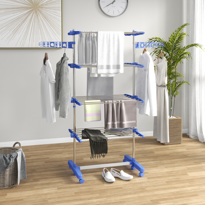 HOMCOM Clothes Rack with Wheels, Clothes Dryer Tower, 2-Tier Folding Wings, Standing Dryer Made of Steel in Blue for Space-Saving Drying