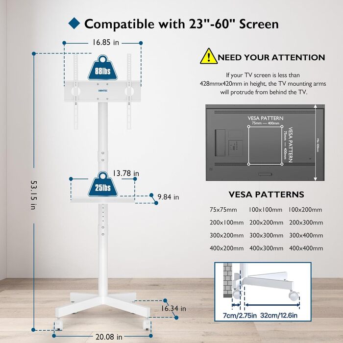 BONTEC Mobile TV Stand for 23-60 inch Plasma/LCD/LED TVs with Laptop Shelf - Adjustable Height, VESA 400x400, 25kg Capacity