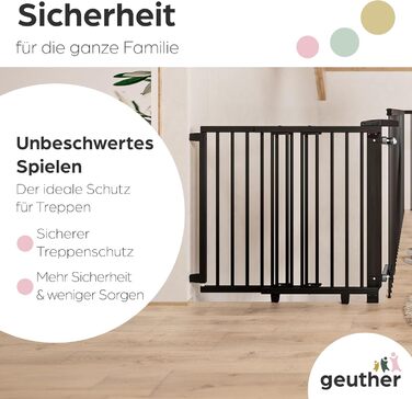 Захист для сходів Geuther Oris | Дверний захист для сходів з кріпленням, 2 клямки для поручнів, ширина, стабільне дерев'яне дитяче ворота, натуральний лак (чорний, 95-135 см)