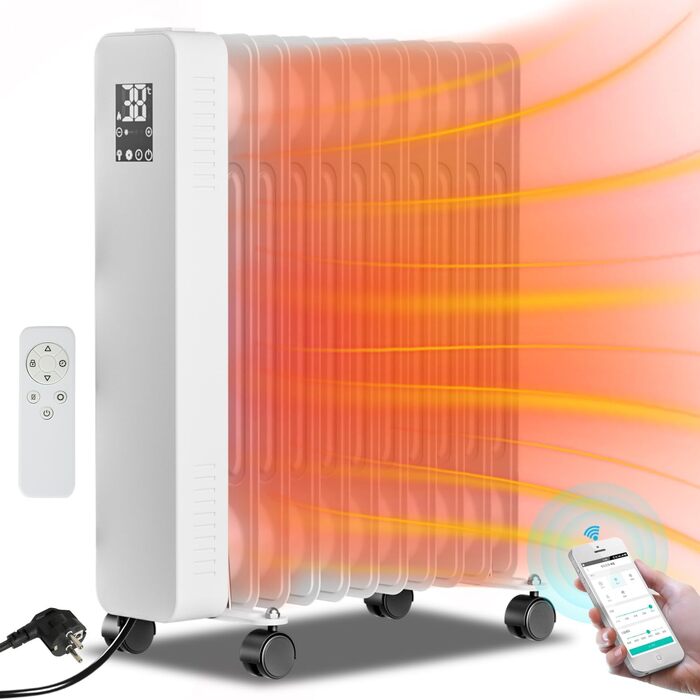Масляний радіатор Sonnewelt 2500W з WiFi, 11 ребер, термостат, 3 режими, цифровий дисплей, захист від перегріву, чорний
