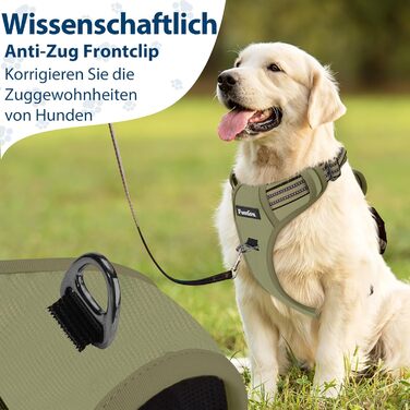 Шлейка для собак середніх порід Funfox, анти-тяга, з ручкою та світловідбиваючими смугами, без коміра, військовий зелений (M)