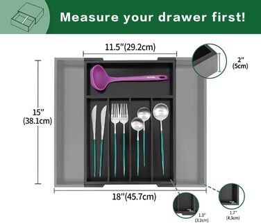 Органайзер для столових приладів Utoplike з бамбука, розширюваний, для кухні та офісу, чорний (5-7 секцій)