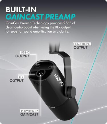 Динамічний мікрофон для подкастів Movo UM6 з підсилювачем GainCast, USB-C та XLR — студійний мікрофон для стрімінгу, геймінгу, вокалу та створення контенту