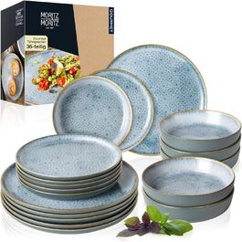 Moritz & Moritz TERRA 36-Piece Dinnerware Set for 12 People - Plate Set in Radiant Azure Blue made of High-Quality Porcelain - Dinnerware Set for 12 People consisting of 12 Dinner Plates, Dessert Plates, and Bowls each, Azure Blue, 36-Piece Dinnerware Set
