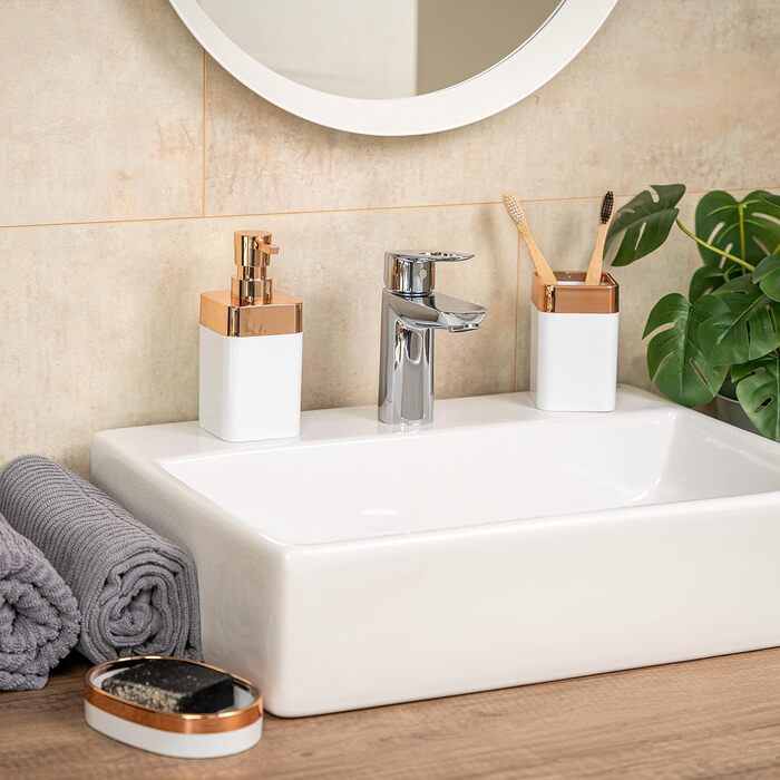 Набір для ванної кімнати Bremermann Savona 3-TLG, пластик, білий-рожезолотий: мильниця, дозатор мила, стакан