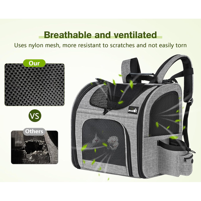 Pecute Pet Carrier Backpack with Mesh Window - Portable & Foldable Cat Carrier, Breathable & Lightweight Dog Carrier - Waterproof Oxford Cloth, Large Capacity, Non-Slip Gray
