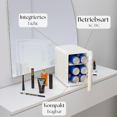 Zilan 2в1 Міні-холодильник: охолодження та підігрів, 4 літри, з підсвіткою. Косметичний холодильник для макіяжу та догляду. Компактний кухонний холодильник