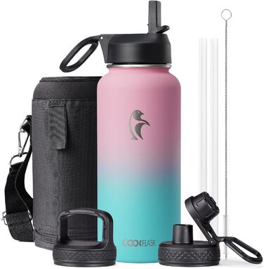 Термопляшка Coolflask 2л з соломинкою та 3 кришками, нержавіюча сталь, для спорту та офісу, герметична (Bubble Gum, 946 мл)