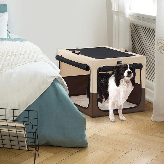 Клітка для собак Petsfit, складана, для середніх та маленьких собак, для дому, транспортування, з регульованим дизайном, з міцними сітчастими вікнами та м'якою підстилкою (61 x 46 x 43 см, колір кава)
