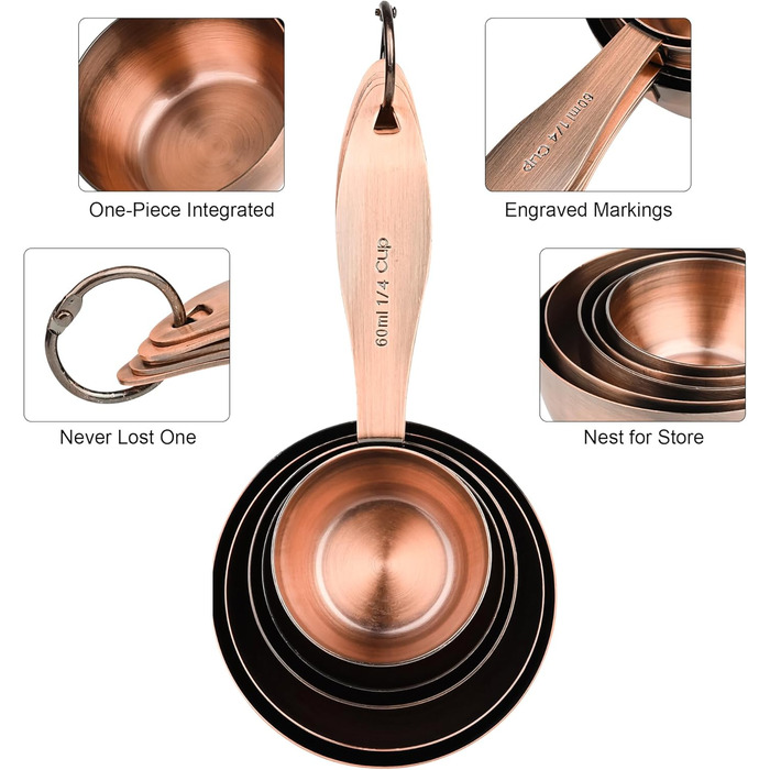 Copper-Plated Measuring Cup and Spoon Set, 5 Stainless Steel Measuring Cups and 5 Metal Measuring Spoon Set with Leveler, US and Metric Kitchen Measuring Cup and Spoon Set for Baking and Cooking