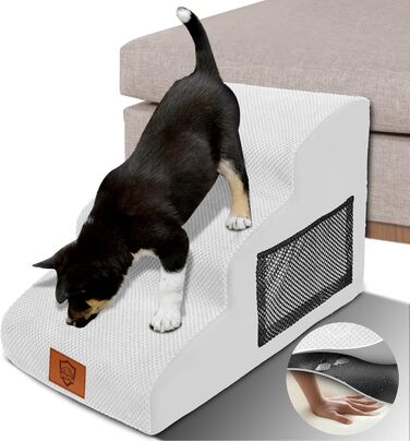 Dog stairs, dog stairs for small dogs, waterproof dog stairs 40 cm high, injury prevention, high-quality sponge cat stairs, non-slip, washable dog ramp for sofa, bed, car (3-step dog stairs, White)