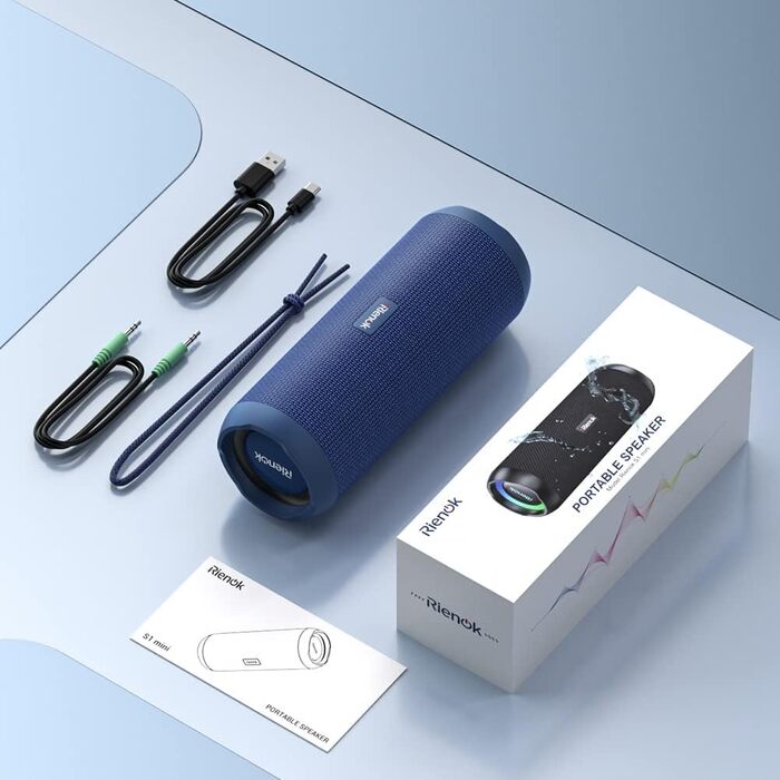Bluetooth портативна колонка RIENOK з підсвічуванням, IPX7, 3600 mAh, баси, стерео звук (Блакитний)