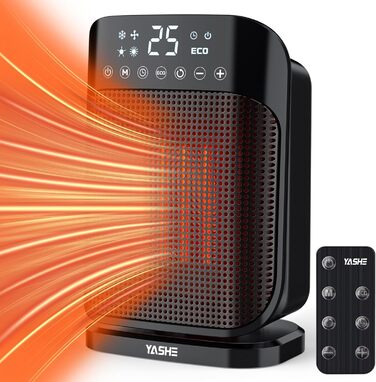 Електричний обігрівач YASHE 1800W з осциляцією 75°, енергозберігаючий, тихий, з PTC керамічним нагрівачем, термостатом, захистом від перегріву та перекидання, таймером 24 год, портативний з пультом керування